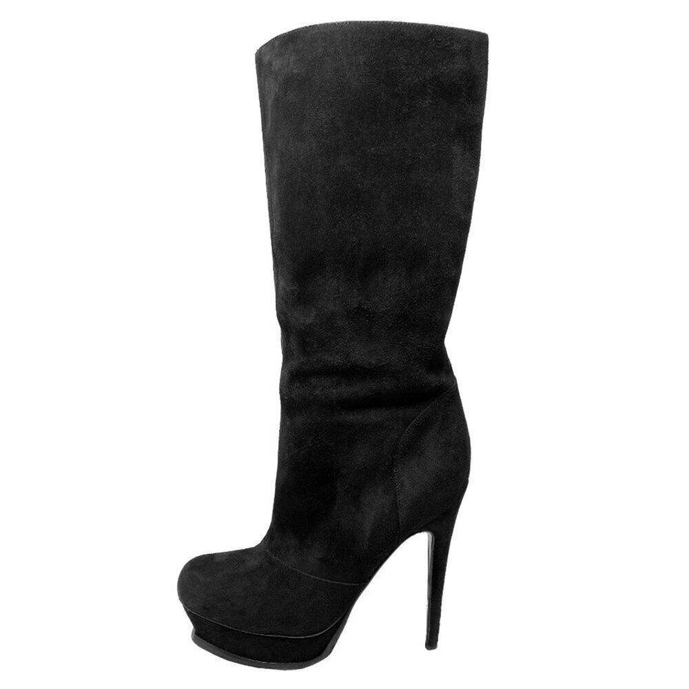 YSL Retro Black Suede Platform‎ Knee-High Boots- Size 39